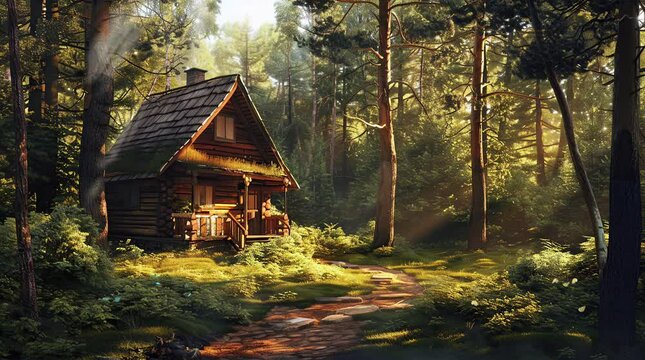 Cozy wooden house nestled in the forest bathed in sunlight on a beautiful day
 Seamless looping 4k time-lapse virtual video animation background. Generated AI