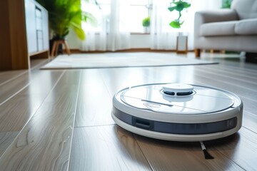 Robot vacuum cleaner in contemporary smart home cleaning dust on various floor types with modern technology