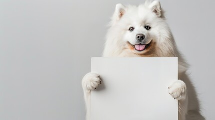 A Ginger Dog Holding a White Blank Board on Plain Background