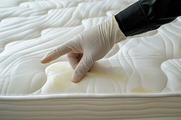 Rubber glove points to mattress stain
