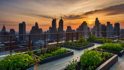 Fototapeta premium rooftop garden in a metropolitan city during sunset
