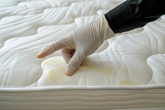 Rubber glove points to mattress stain