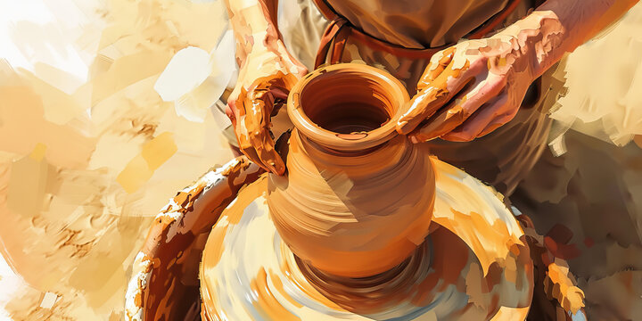 Burnt Umber Illustration: A potter shapes a lump of clay into a delicate vase, their fingers flying over the wheel in fluid motion