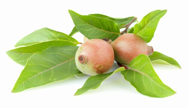 Sandalwood fruit and leaves unripe isolated on white background