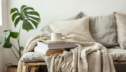 Scandinavian interior with trendy touches cushions vintage bench coffee books plant White wall backdrop blurry bed