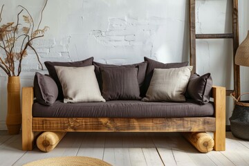 Scandinavian living room with wooden sofa and dark pillows