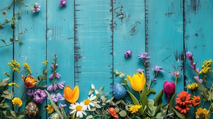 Vibrant Easter Floral Decor on a Distressed Wooden Surface with Room for Text