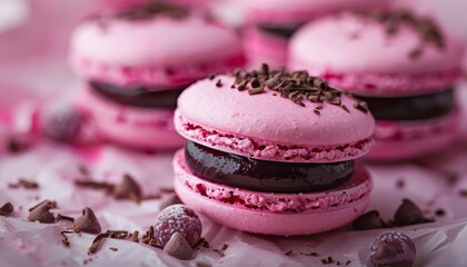 Selective focus on pink macarons with chocolate berry cream cheese filling emphasizing their toning - Powered by Adobe