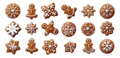 gingerbread cookies with icing, including snowflake and Santa Claus designs on a white background, png.