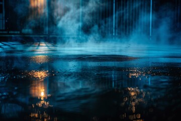 Shadowy street reflective asphalt abstract dark atmosphere with smoke and neon lights Concrete ground