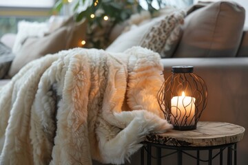 Sheepskin sherpa blanket on sofa with wood lantern candle Autumn hygge