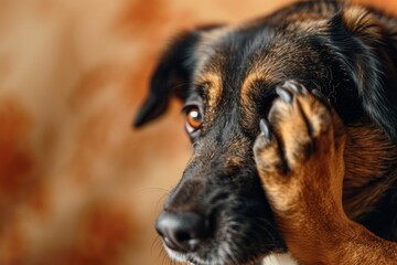 Shy dog with paw over face looking at camera