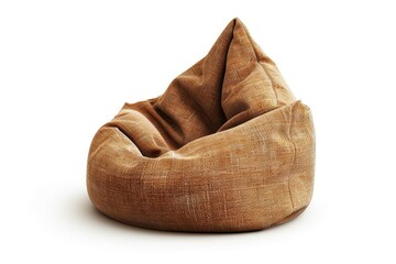 Side view of a new sandy brown beanbag on white background