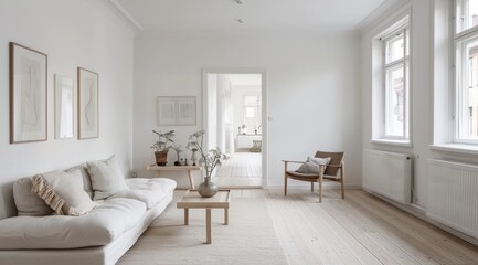 A serene Scandinavian home interior with white walls, light wooden floors, and clean, elegant decor that emphasizes simplicity and functionality