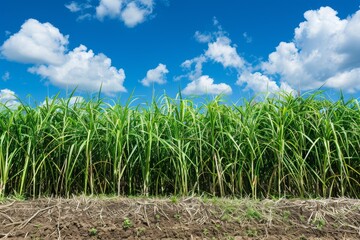 Obraz premium Sugar cane plantation under blue sky