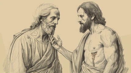 Jesus Appearing to Thomas After Resurrection, Touching Wounds, Biblical Illustration, Beige Background, Copyspace