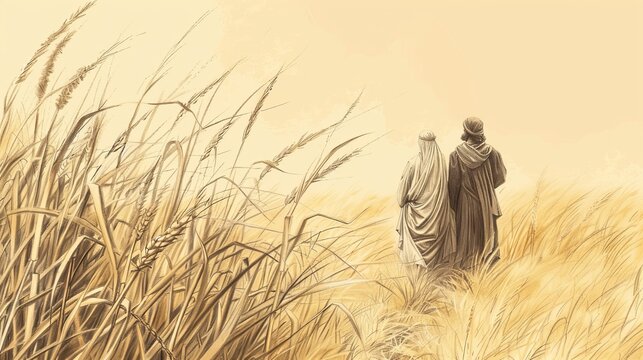 Ruth and Boaz in Harvest, Loyalty and Love, Kinsman-Redeemer, Biblical Illustration, Beige Background, Copyspace
