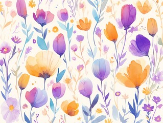 A beautiful watercolor painting of a meadow filled with colorful flowers. The flowers are in shades of pink, purple, yellow, and blue. The painting has a soft, dreamy feel to it.