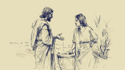 Heat of Day with Jesus Speaking to Woman at Well, Drawing Water, Biblical Illustration, Beige Background, Copyspace