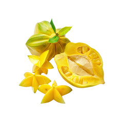 Ripe Sliced And Whole Carambola Close-Up, Isolated On Transparent Background, For Design And Printing