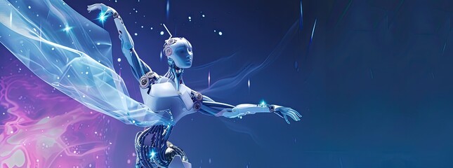 Bring to life a mesmerizing robotic ballet performance under the ethereal glow of the swirling Northern Lights Techno-chic bots in graceful arabesques and dazzling pirouettes