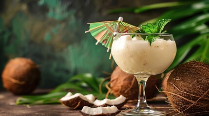 Traditional caribbean summer Pina Colada cocktail with rum, coconut milk and pineapple garnish