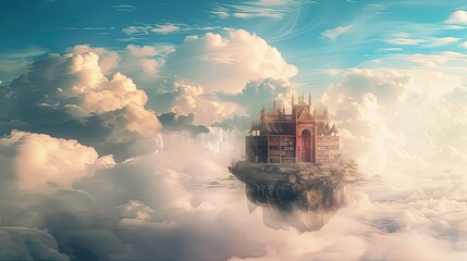 Capture a low-angle view of a fantastical library floating among the clouds