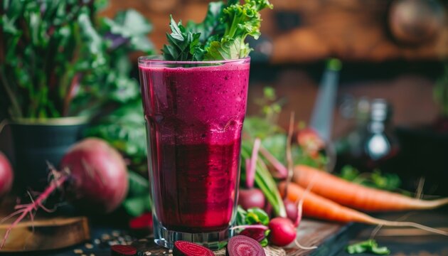 Tall glass with vegan smoothie juice made of red vegetables like radishes purple carrots beets and turnips - Powered by Adobe