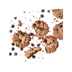 Scattered Crumbs Of Chocolate Chip Cookies, Isolated On Transparent Background, For Design And Printing