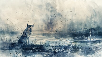 Capture the heartbreaking scene of a lone wolf howling in a barren, deforested landscape from a birds eye view Render it in soft, melancholic watercolors to evoke raw emotion