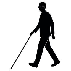 A blind man walking with cane vector silhouette, isolated  white background