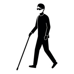 A blind man walking with cane vector silhouette, isolated  white background