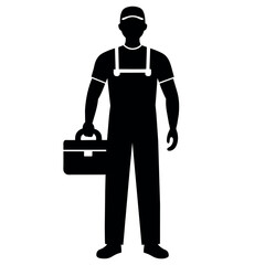 a car mechanic standing with a tool box vector silhouette, isolated white background