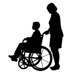 A Disable Child sitting on the Wheel Chair and a woman push up the chair and helping the child vector silhouette