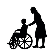 A Disable Child sitting on the Wheel Chair and a woman push up the chair and helping the child vector silhouette