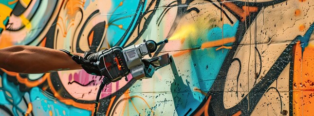 Craft a dynamic, eye-level view of a futuristic robotic arm spraying vibrant graffiti on a city wall Emphasize urban details and the mechanical precision of the robotic movements