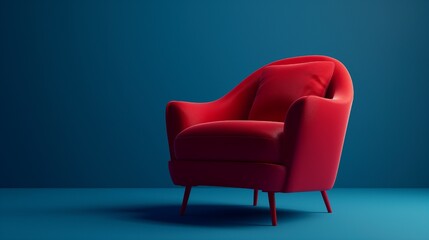 red side chair photoshoot, blue background, blender, 3d, octane render, cinematic