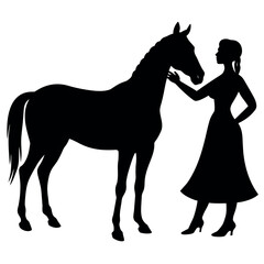 A Woman Standing with a horse, A horse lover girl with a horse, fall in love, animal lover, silhouette, isolated white background