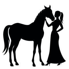 A Woman Standing with a horse, A horse lover girl with a horse, fall in love, animal lover, silhouette, isolated white background