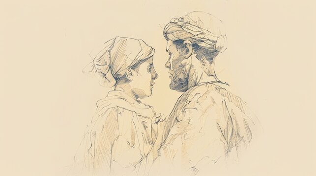 One Saying He Will Work, Other Saying He Won&rsquo;t but Does, Two Sons Parable, Biblical Illustration, Beige Background, Copyspace