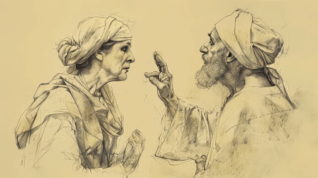 Widow Pleads with Unjust Judge, Persistent Widow Parable, Biblical Illustration, Beige Background, Copyspace