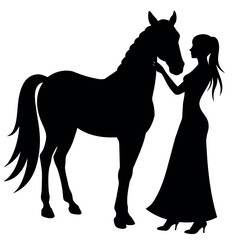 A Woman Standing with a horse, A horse lover girl with a horse, fall in love, animal lover, silhouette, isolated white background