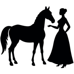 A Woman Standing with a horse, A horse lover girl with a horse, fall in love, animal lover, silhouette, isolated white background