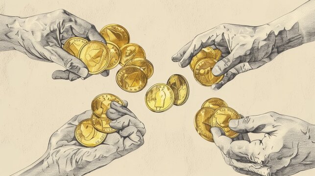 Different Investments of Gold Coins by Servants in Parable of Talents, Biblical Illustration, Beige Background, Copyspace