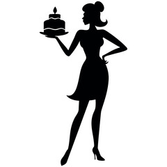 A Girl standing with holding a birthday cake on the hand, vector silhouette, a modern girl holding cake silhouette