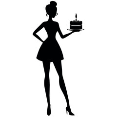 A Girl standing with holding a birthday cake on the hand, vector silhouette, a modern girl holding cake silhouette