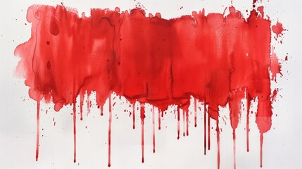 Watercolor red paint stain on a white background with a textured paper effect and wet dripping details