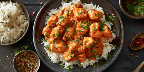 pod butter chicken served on a bed of white rice garnished with a green garnish. 
