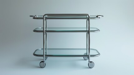 Minimalist bar cart with glass shelves and metal frame, isolated on a white studio background