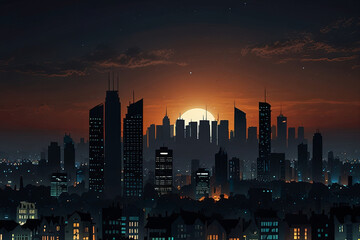 Fototapeta premium Eclipse city skyline wallpaper, silhouette. day become night